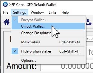 XEP Core Wallet - Unlock Wallet - XEP Default Wallet