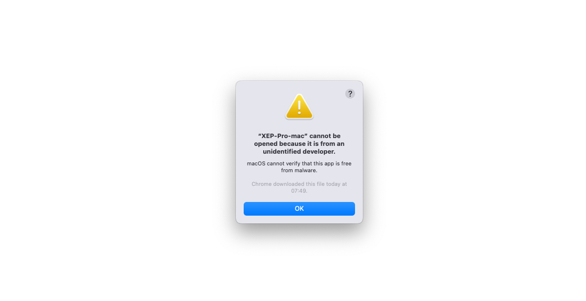 XEP-Pro-mac cannot be opened because it is from an unidentified developer.
