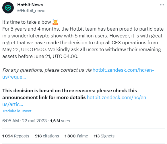 Hotbit official announcement